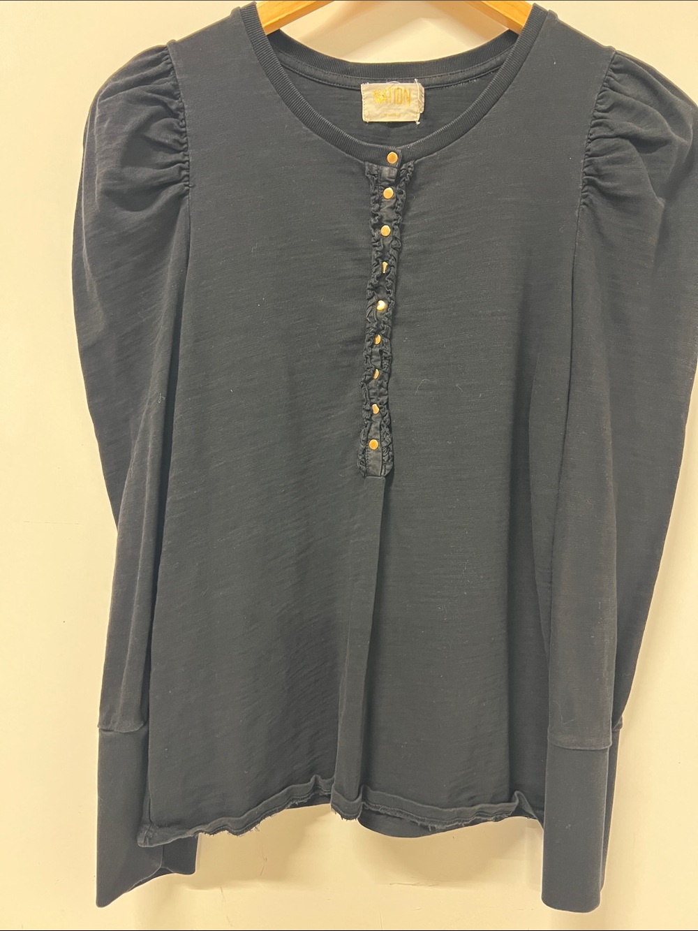 Nation LTD, Long Puff Sleeve, Med. Black, Banded Cuff, Snaps Down Front, Cotton